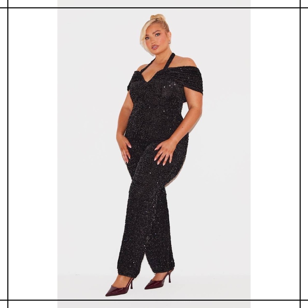 PrettyLittleThing Plus Black Velour Sequined Bardot Halter Jumpsuit US 16 XL